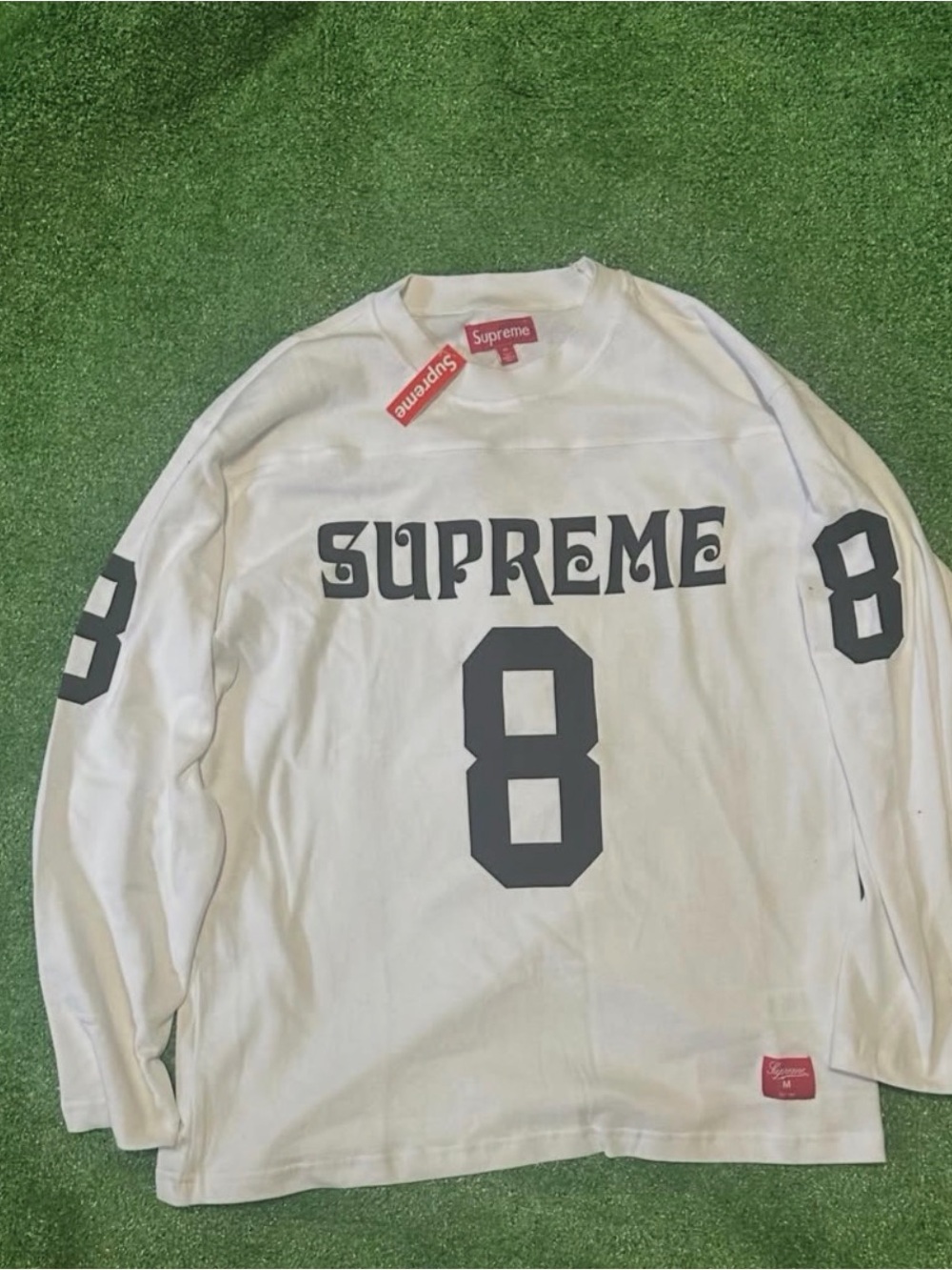 Supreme White Long Sleeve Jersey with Black '8' Graphics